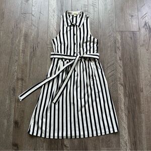 EUC Maeve Button Navy Blue and Cream Belted Striped with Pockets Dress XS